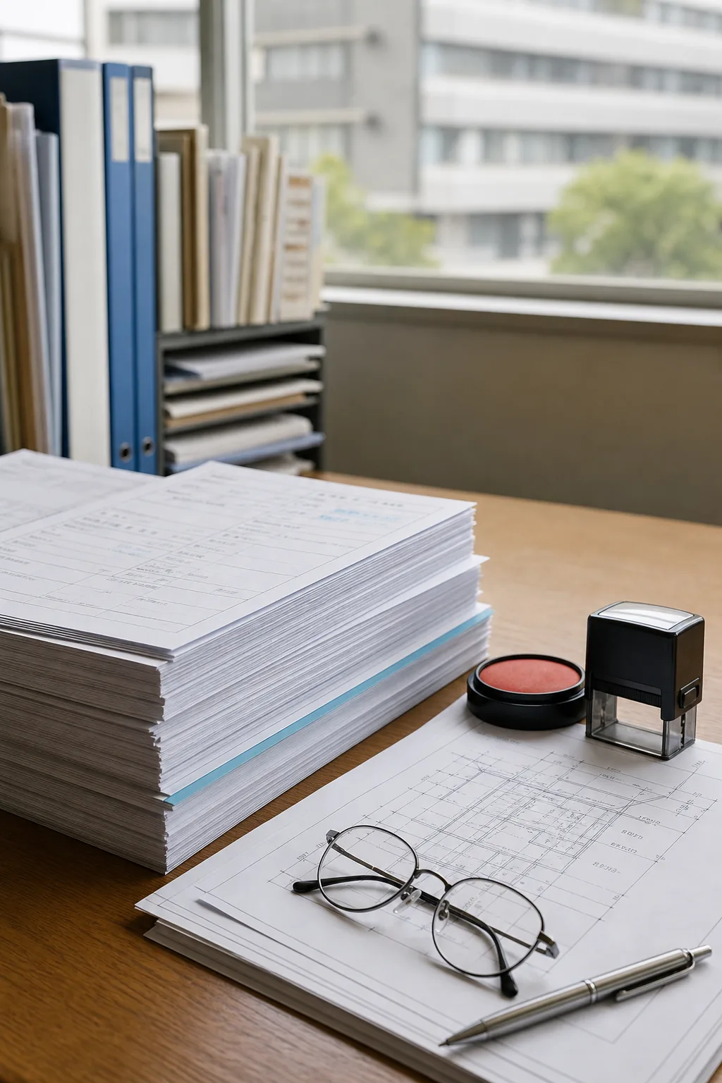 建設業許可の申請書類と図面が並ぶ机上の様子